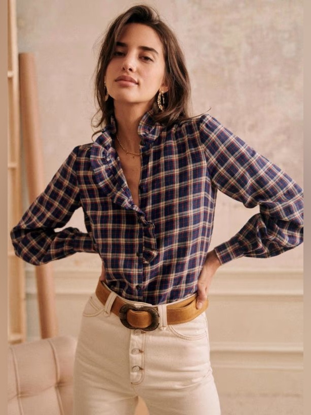 Sezane Plaid Chloe Blouse Top Shirt Size 2 34
